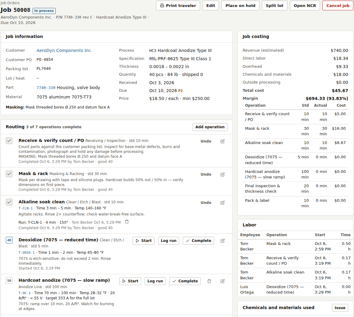 Job 50008 page: job information, the routing with seven operations showing tank and operating window for each, and the job costing and labor panels.