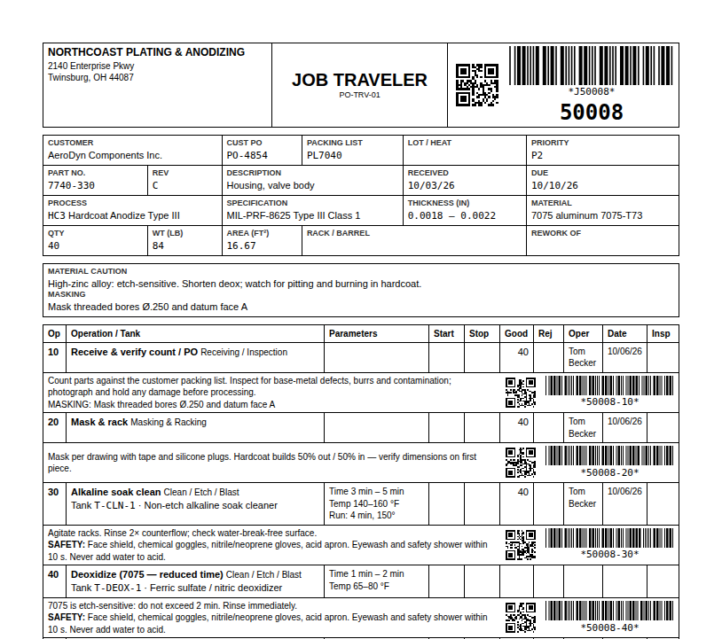 Printed job traveler for job 50008: shop header with Code 39 barcode, customer, part, process and specification fields, material caution, and the operations table with tank, operating window and write-in cells for each step.